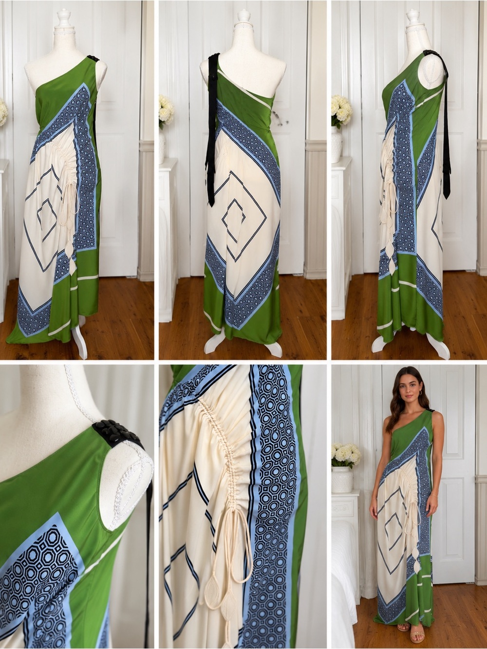 Tory Burch Green, Cream & Blue One-Shoulder Geometric Maxi Dress